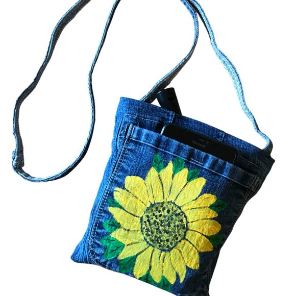 Denim Crossbody Bag: Sunflower Theme Handmade Jean Purse, Cell Phone Holder - Picture 5 of 11